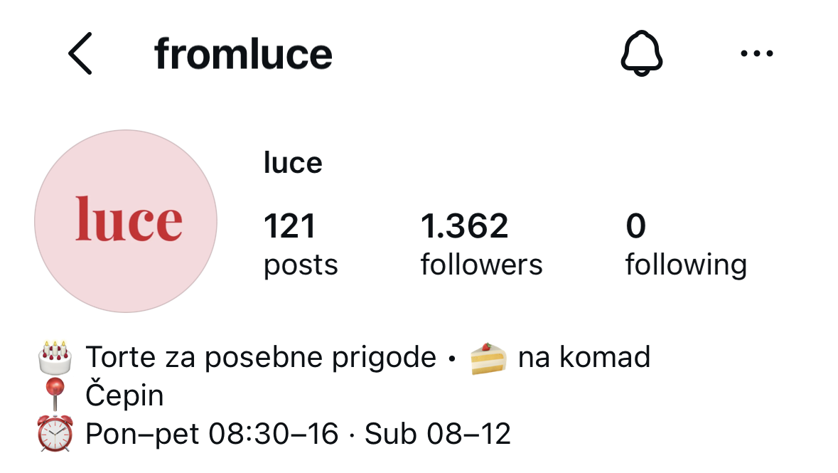 Instagram profil fromluce: 121 objava, 1.362 pratitelja, 0 pratim